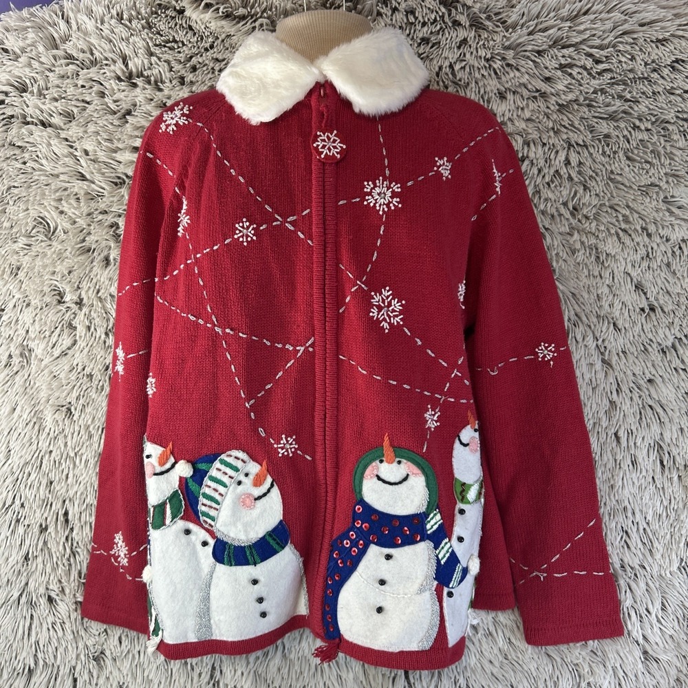 Tiara Snowman Christmas Winter Wonderland Snowflakes Red‎ Zip Up Sweater Medium